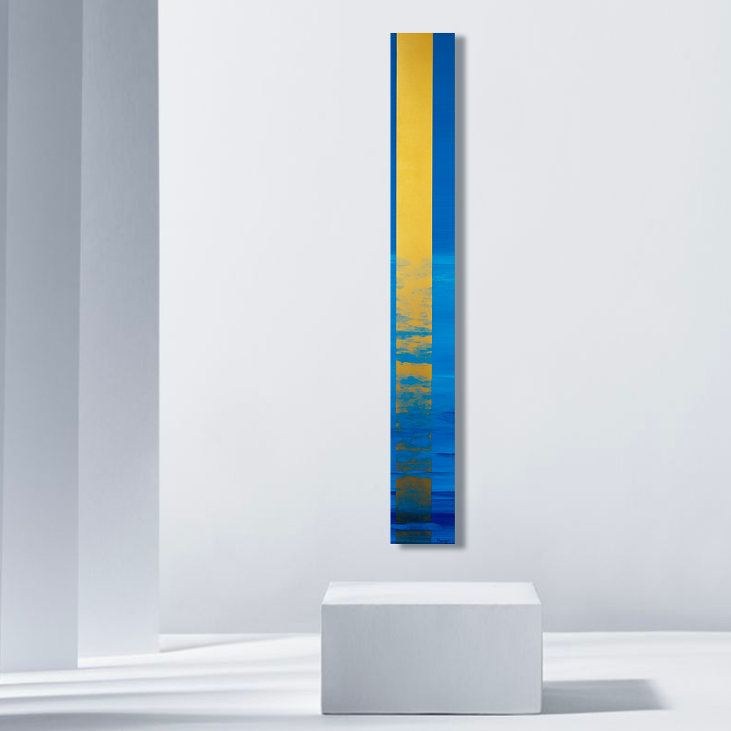 dallanges-contemporary-art-vertical wall art totem-gold-stripes blue and yellow 1B